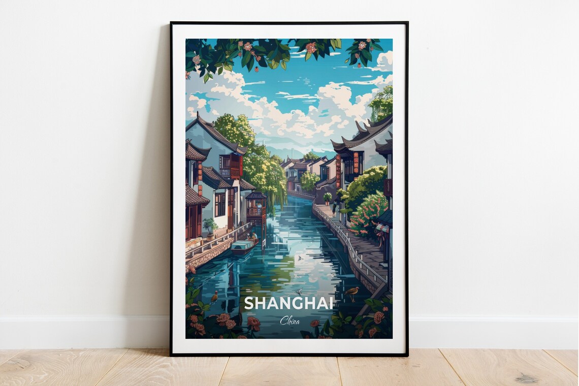 Shanghai China Qibao Ancient Town Water Canal Scene Travel Poster