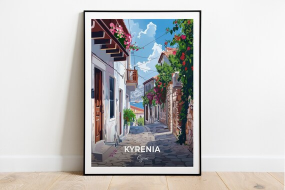 Kyrenia Cyprus Dereboyu Old Street Flowers Seaside Travel Poster