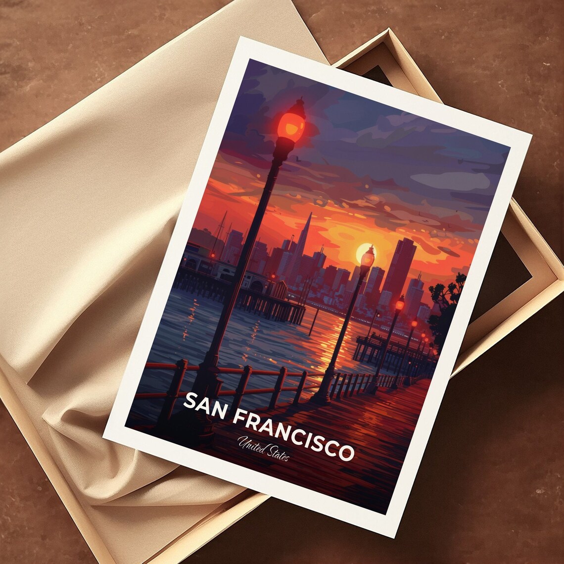 San Francisco Sunset Pier Waterfront Skyline Glow Travel Scene Poster - Image 3