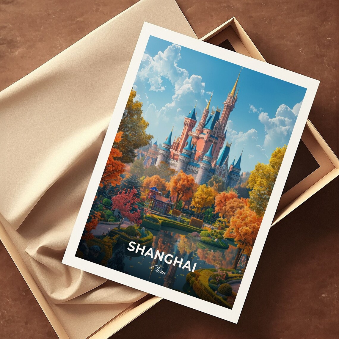 Shanghai Disneyland Fairytale Castle Autumn Park Travel Scene Poster - Image 3
