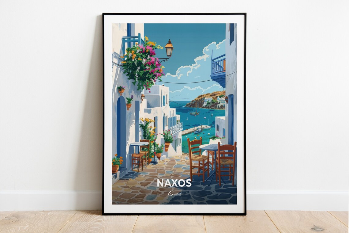 Naxos Greece Old Town Whitewashed Street Bougainvillea Sea Travel Poster