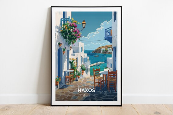 Naxos Greece Old Town Whitewashed Street Bougainvillea Sea Travel Poster
