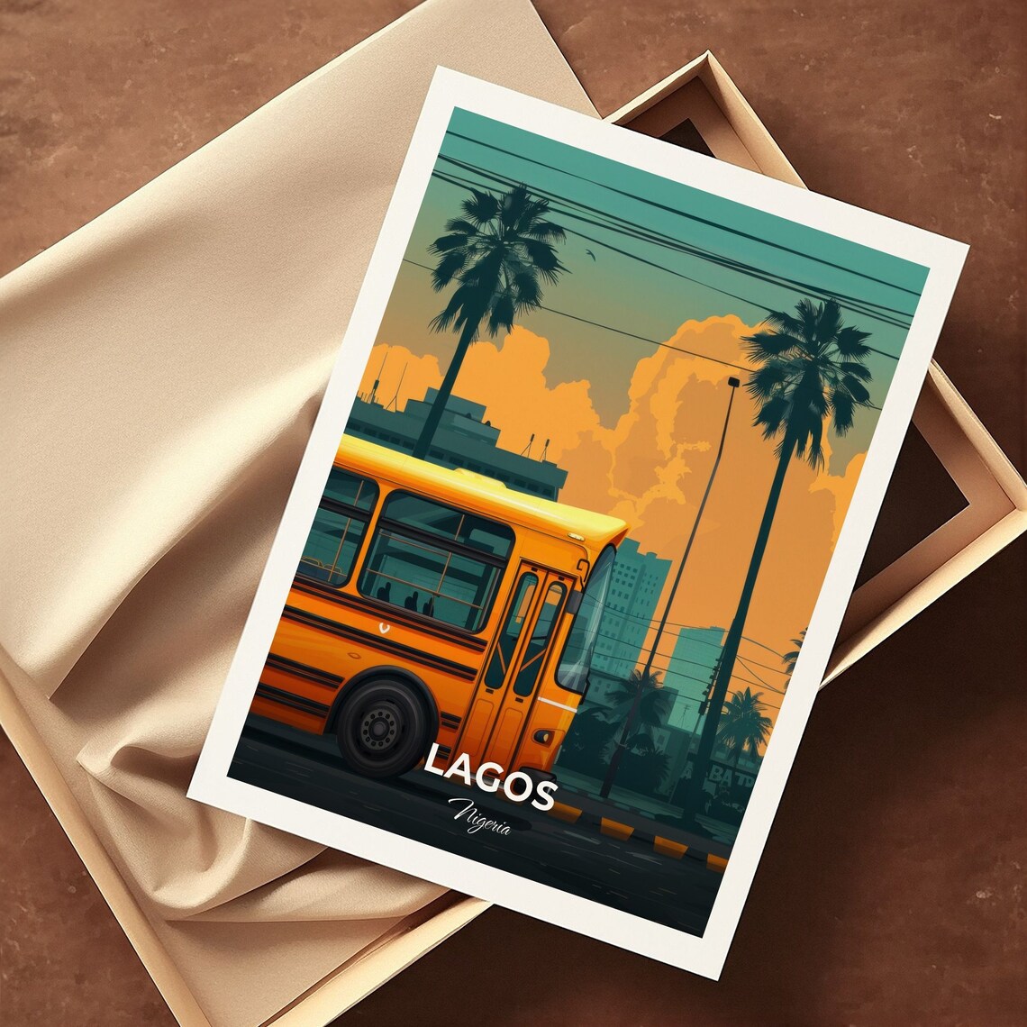 Lagos Nigeria Yellow Danfo Bus Palms City Sunset Street Travel Poster - Image 3