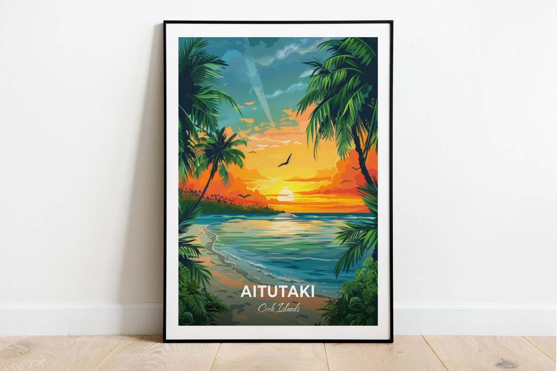Aitutaki Cook Islands Tropical Beach Sunset Palms Travel Poster