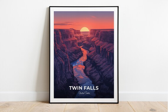 Twin Falls Idaho Snake River Canyon Sunset Travel Poster Orange Sky Art