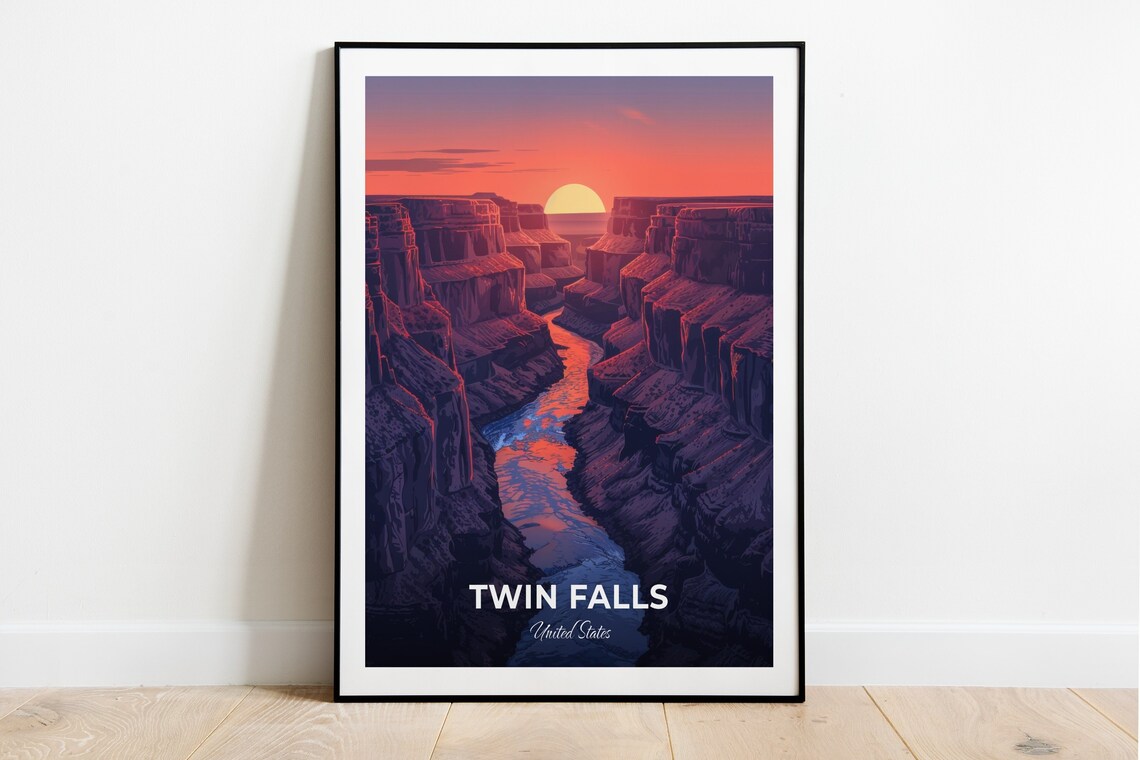 Twin Falls Idaho Snake River Canyon Sunset Travel Poster Orange Sky Art