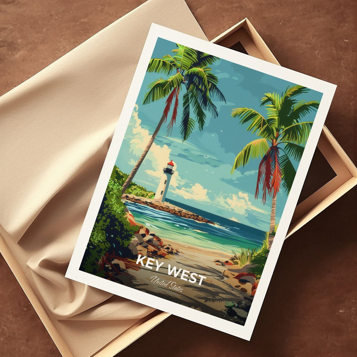 Key West Lighthouse Beach Palm Tree Tropical Scene Travel Poster - Image 3