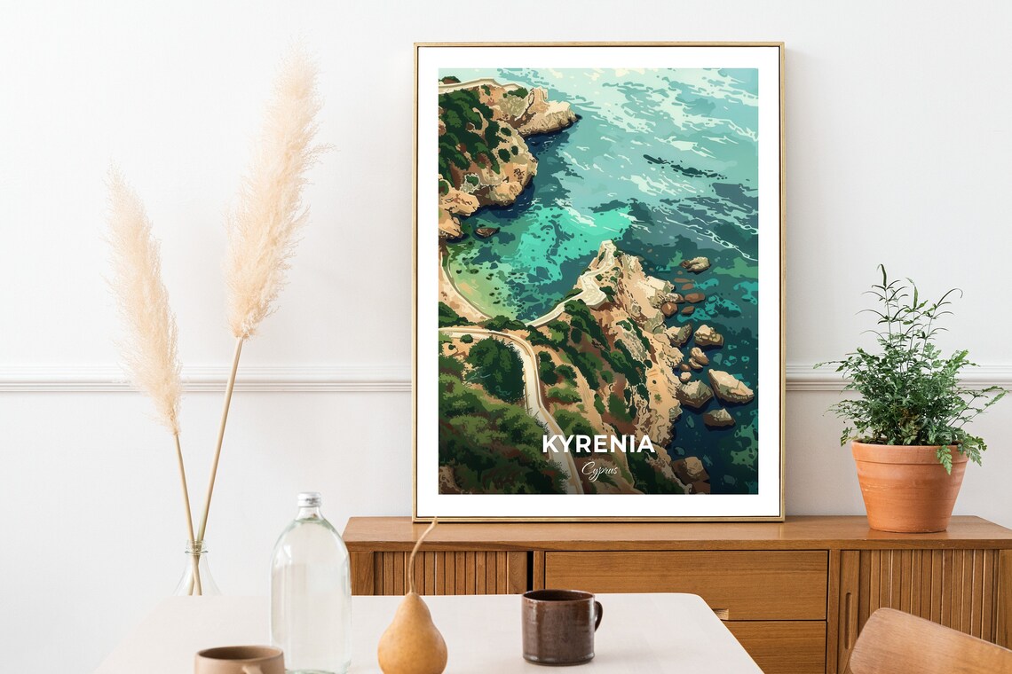 Kyrenia Cyprus Turquoise Bay Aerial Rocky Coastline Travel Poster - Image 2