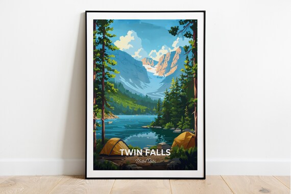 Twin Falls Mountain Lake Campsite With Tents United States Travel Poster