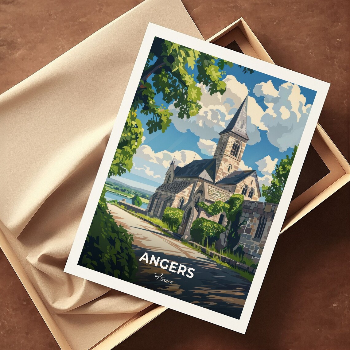 Angers France Stone Abbey Church Sunny Garden Landscape Travel Poster - Image 3