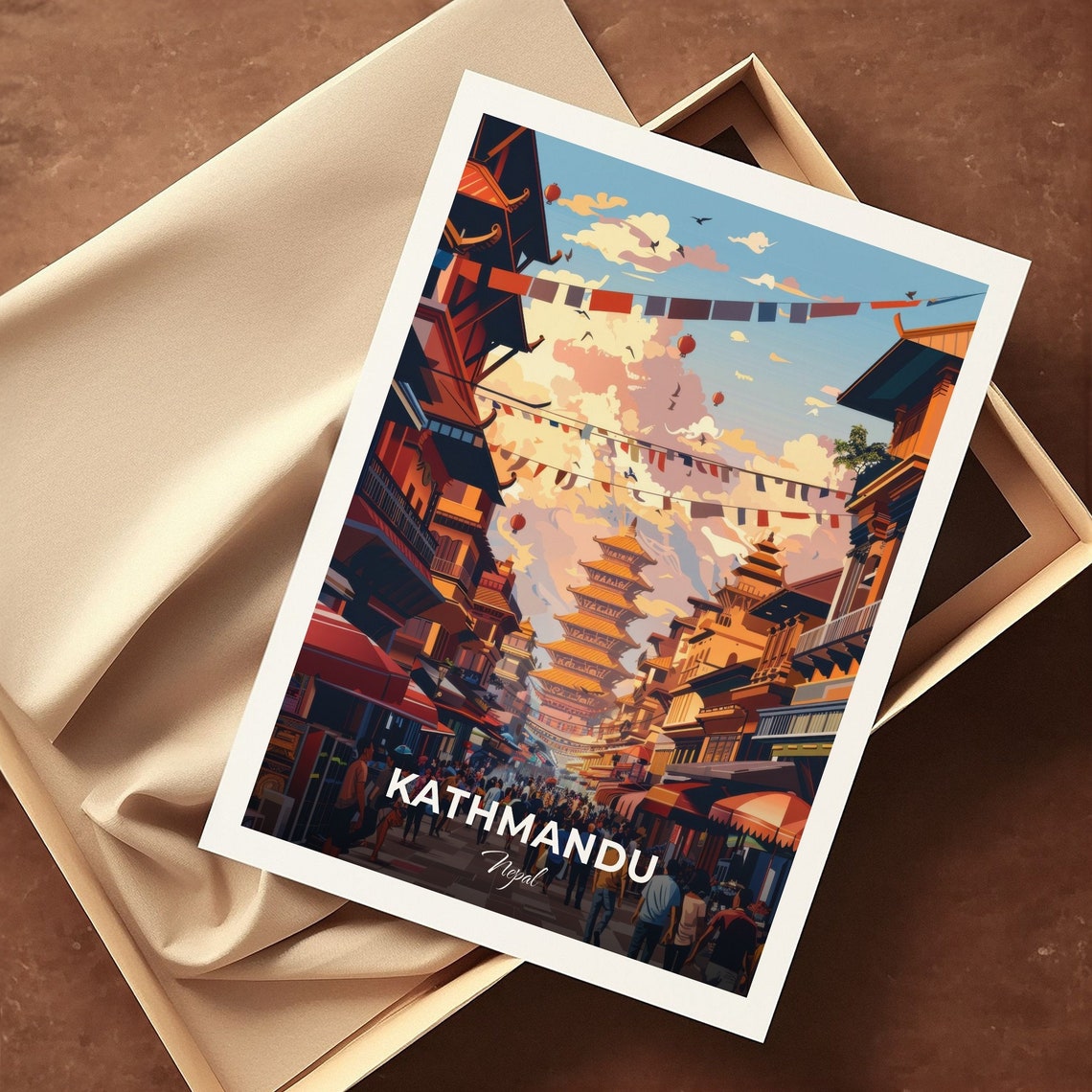 Kathmandu Nepal Thamel Street Pagoda Crowd Flags Travel Poster - Image 3