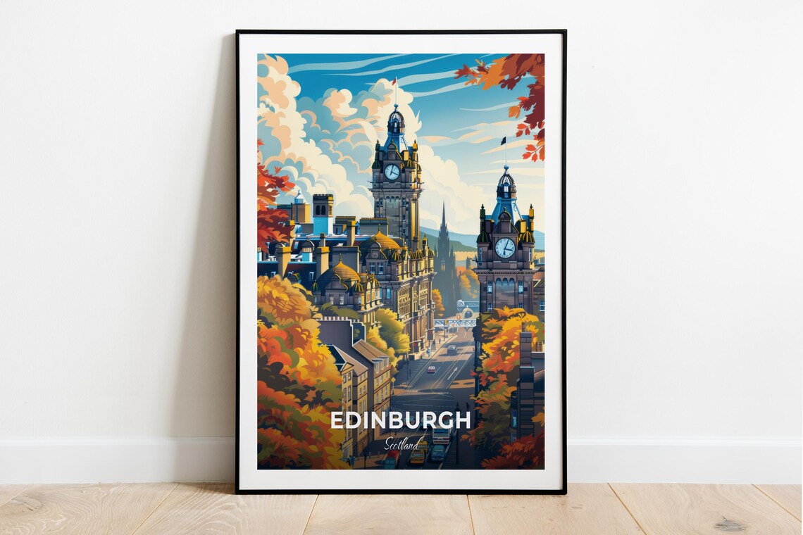Edinburgh Scotland Autumn Cityscape Clock Towers Vintage Poster