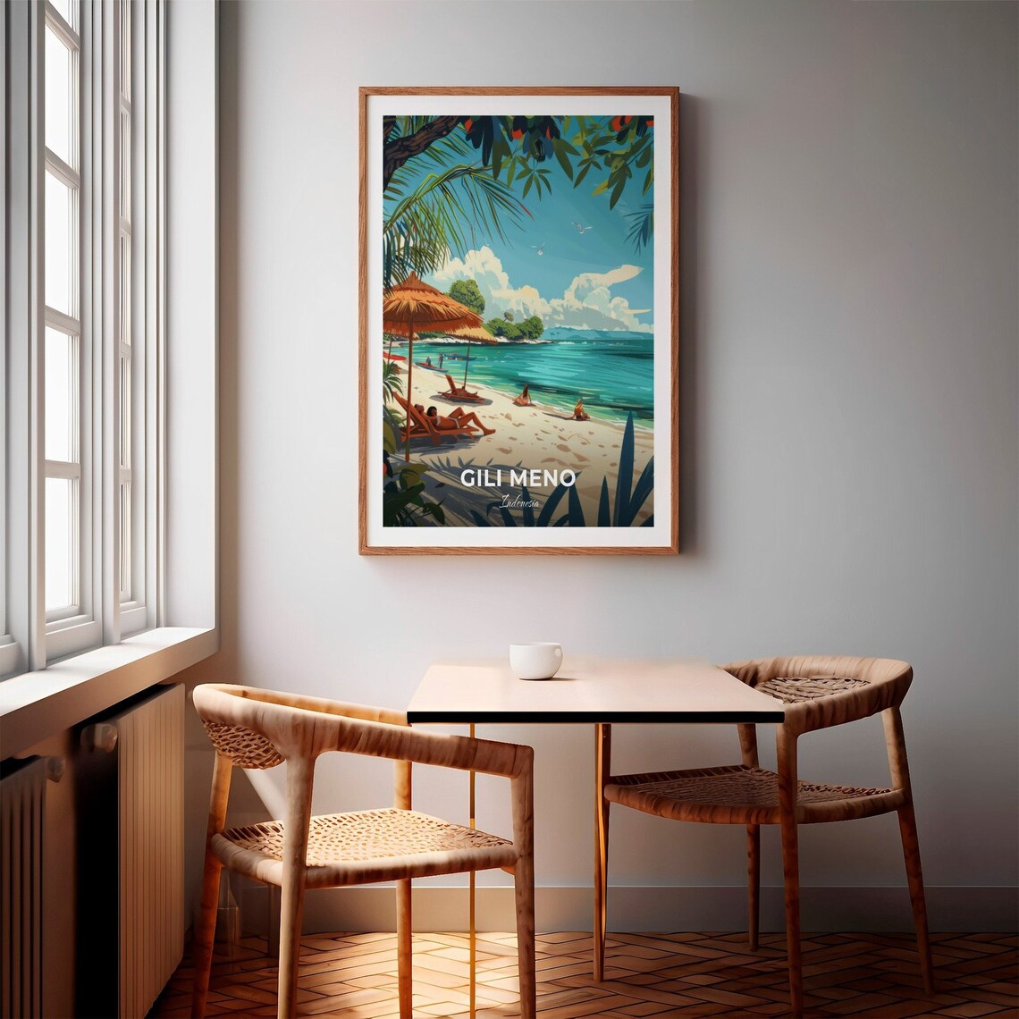 Gili Meno Sandy Beach Sunbathers Straw Umbrellas Indonesia Travel Poster - Image 2
