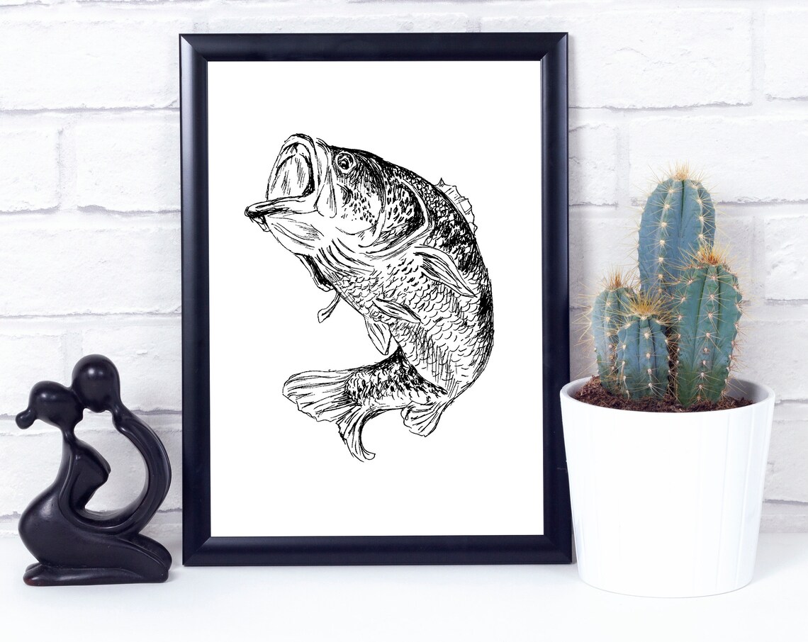 Bass Fish Black And White Art Print
