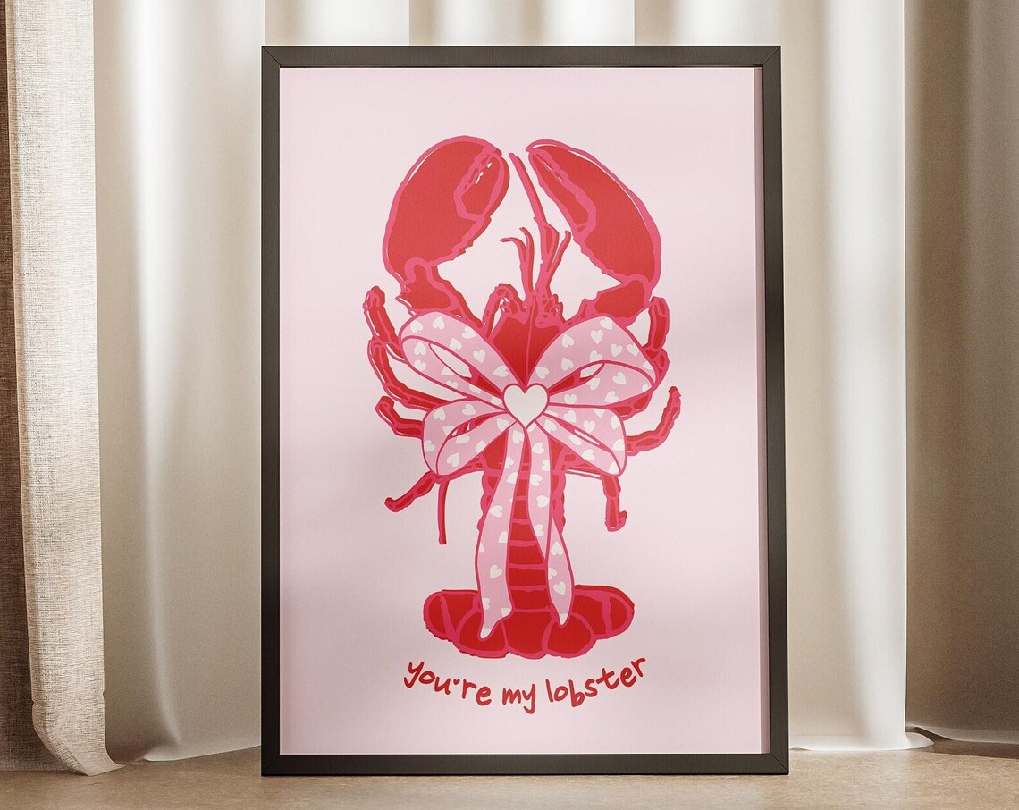 Youre My Lobster Red Pink Coquette Bow Heart Trendy Kitchen Wall Art
