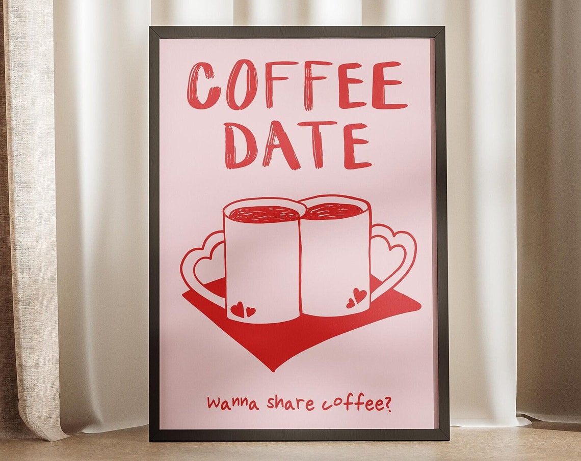 Coffee Date Pink Red Heart Handle Mugs Romantic Kitchen Cute Wall Art