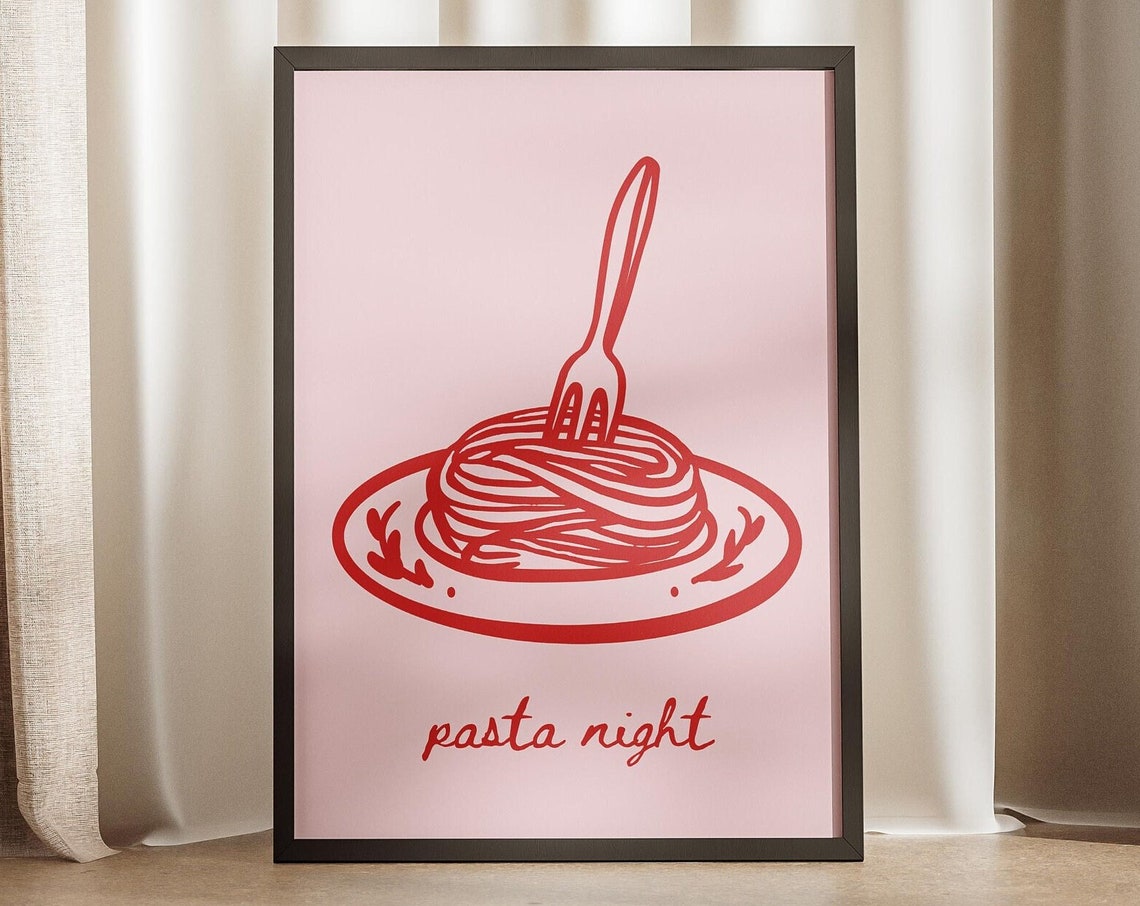 Pasta Night Spaghetti Fork Red Doodle Italian Kitchen Poster