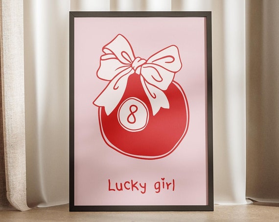 8 Ball Lucky Girl Coquette Core Red Pink Preppy Print Girly Bow Trendy Poster Retro Wall Art Modern Bows Cute Decor