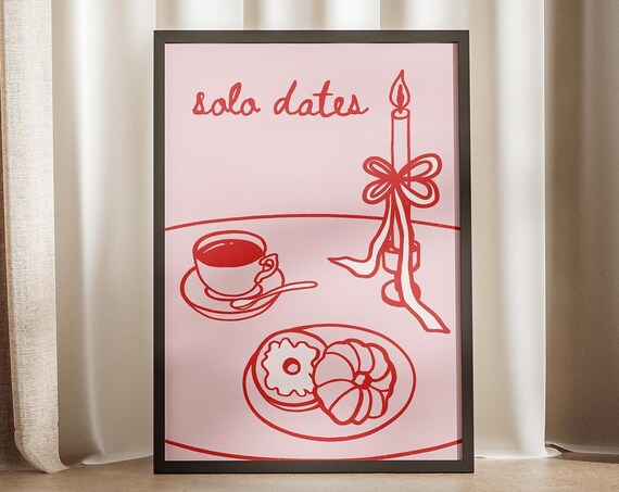 Solo Dates Coffee Candle Pastries Poster Pink Red Line Self Care Decor