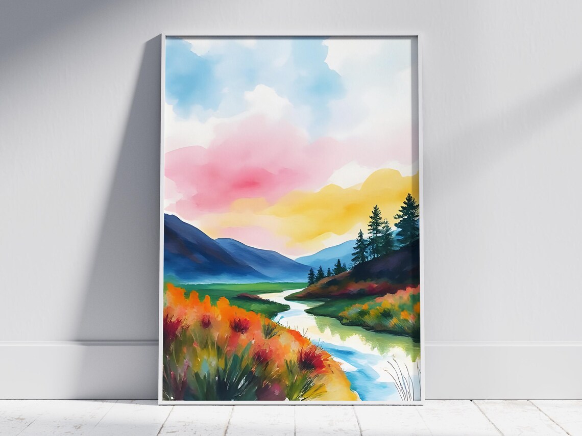 Sunset River Valley Watercolor Mountains Wildflower Meadow Art Poster