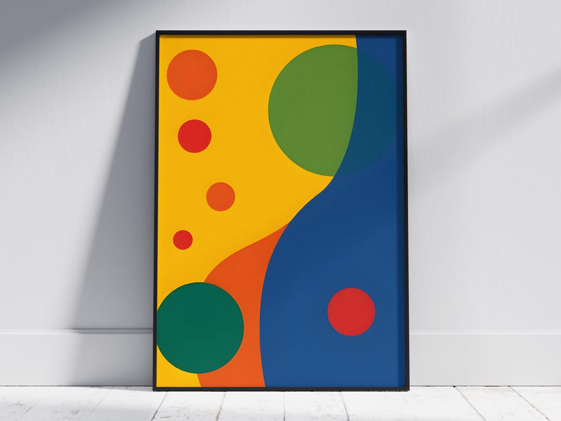 Retro Geometric Circles Abstract Yellow Blue Decorative Poster