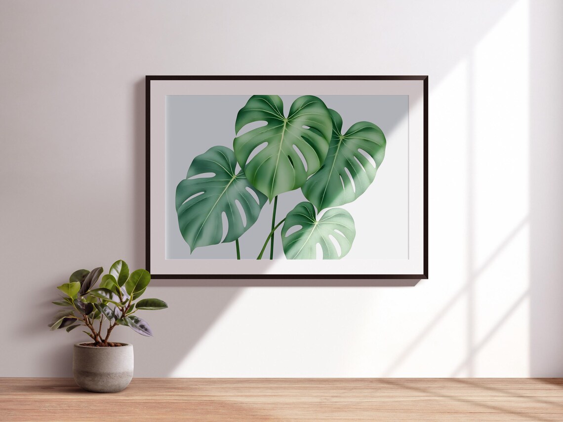 Watercolor Monstera Leaf Print Tropical Green Wall Art