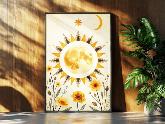 Celestial Golden Full Moon Sunburst With Wildflowers Cream Art Poster