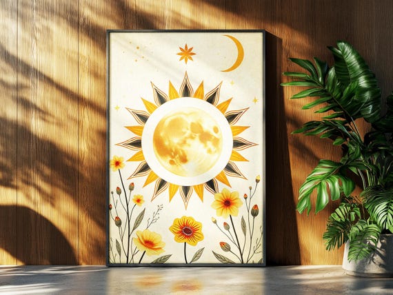 Sun And Moon Celestial Face Print Boho Beige Star Art