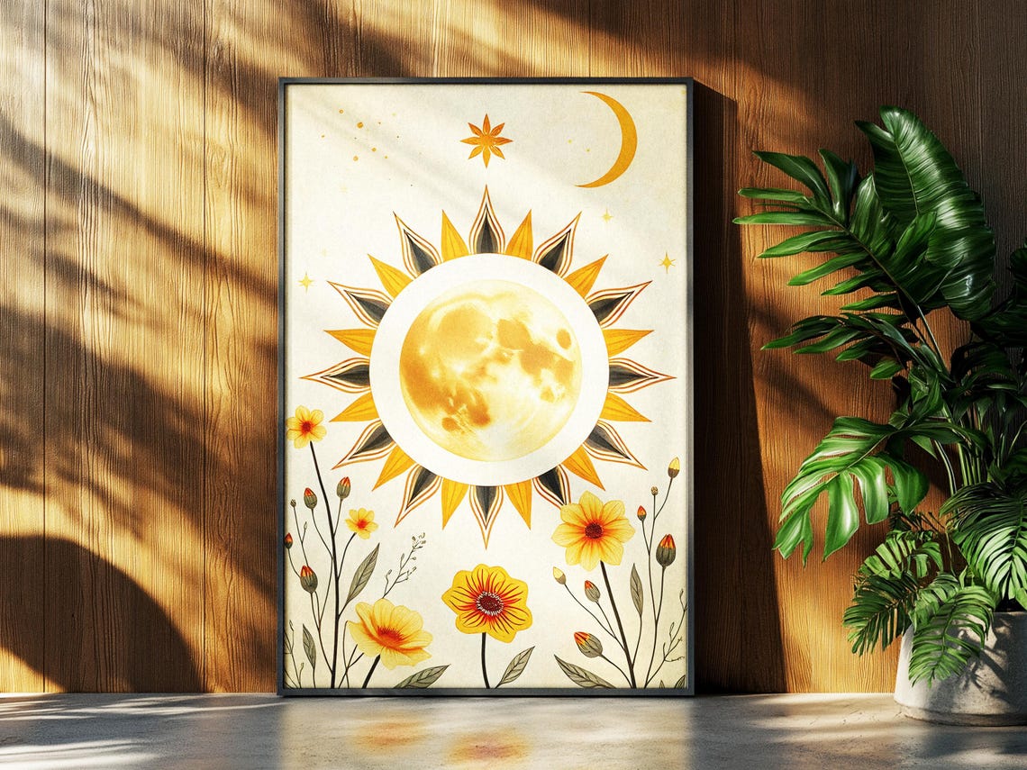 Celestial Golden Full Moon Sunburst With Wildflowers Cream Art Poster