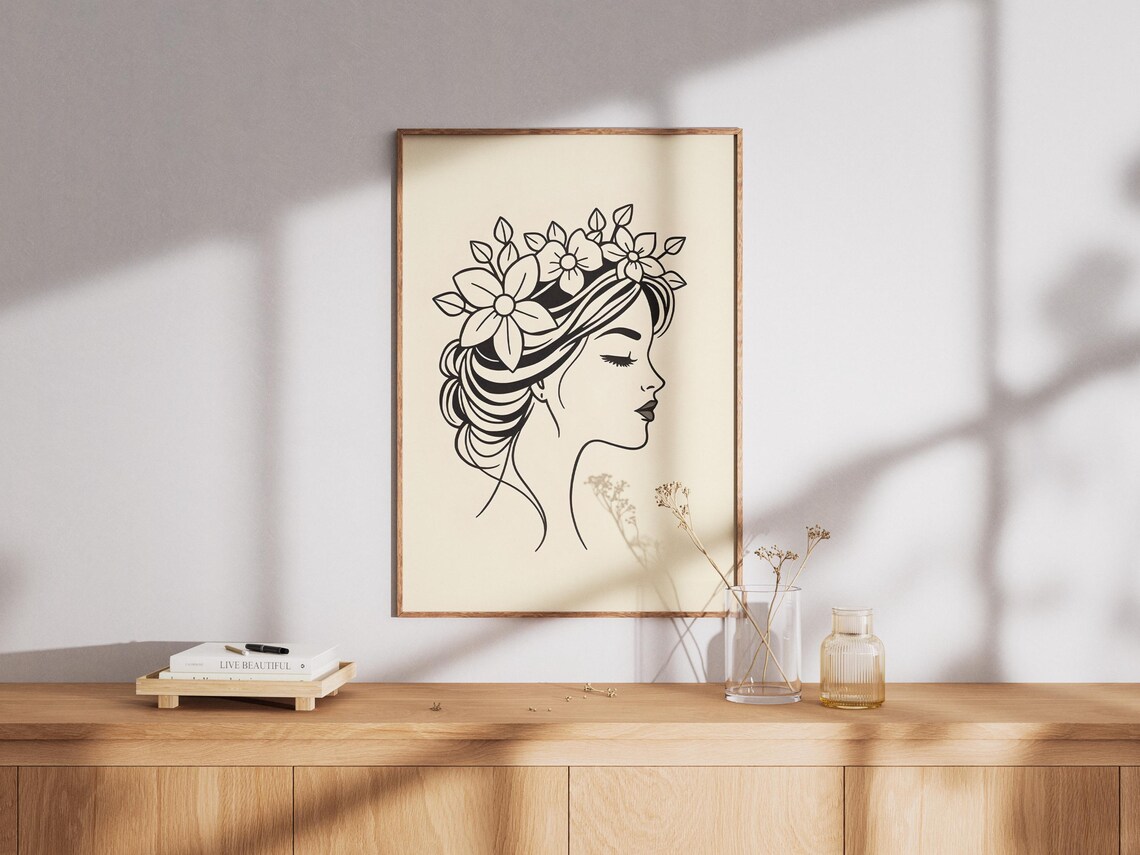 Woman Profile Line Art With Floral Crown Minimalist Wall Poster