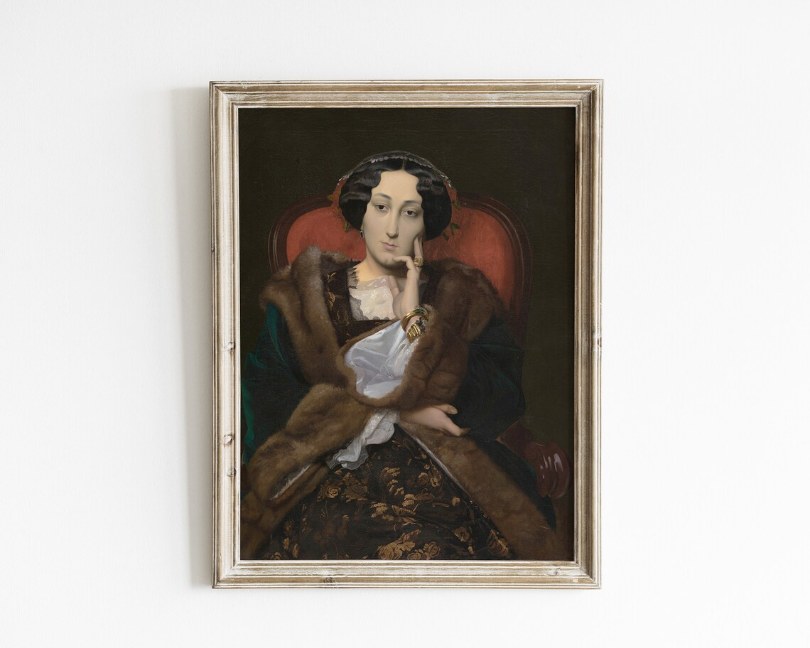 Grand Vintage Portrait of Lady in Fur Stole Oil Painting Poster