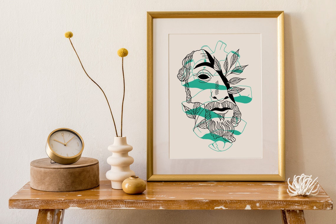 Wisdom Bearded Greek Statue Face Leaves Teal Line Art Poster - Image 3