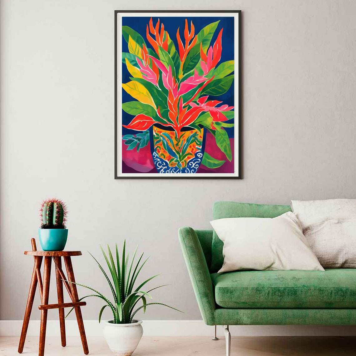 Tropical Heliconia Blooms Bouquet Patterned Vase Navy Art Poster - Image 2