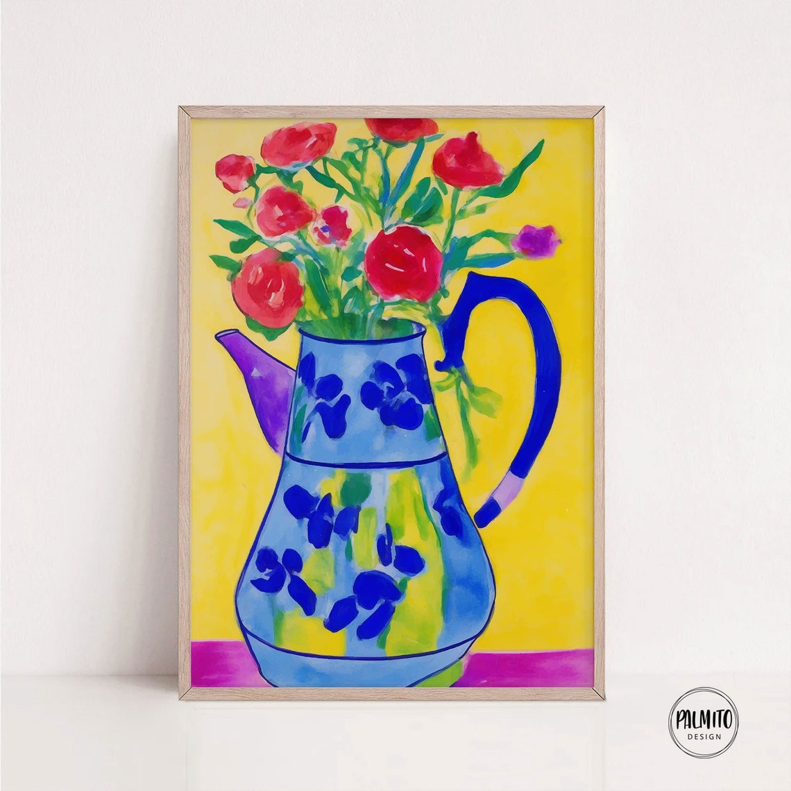 Red Poppies in Blue Floral Pitcher Sunny Yellow Still Life Poster