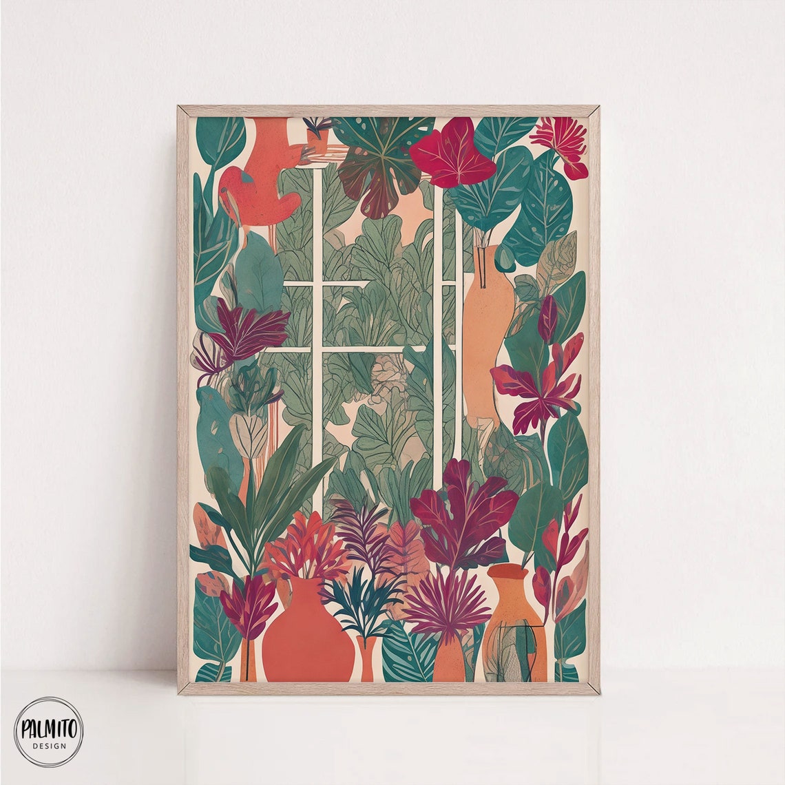 Tropical Botanical Window Garden Terracotta Vases Leaf Art Poster
