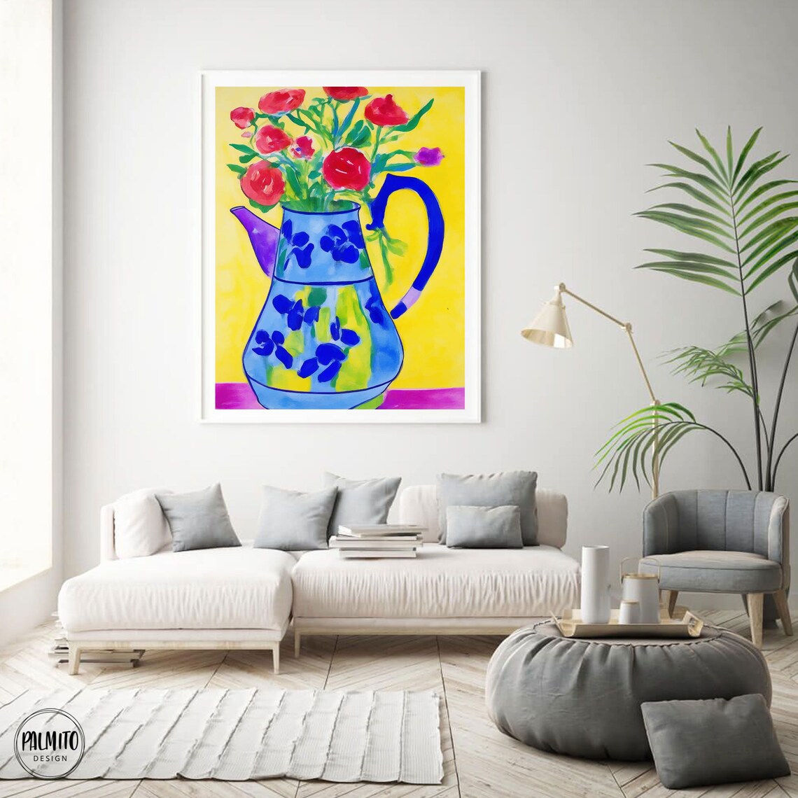 Red Poppies in Blue Floral Pitcher Sunny Yellow Still Life Poster - Image 4