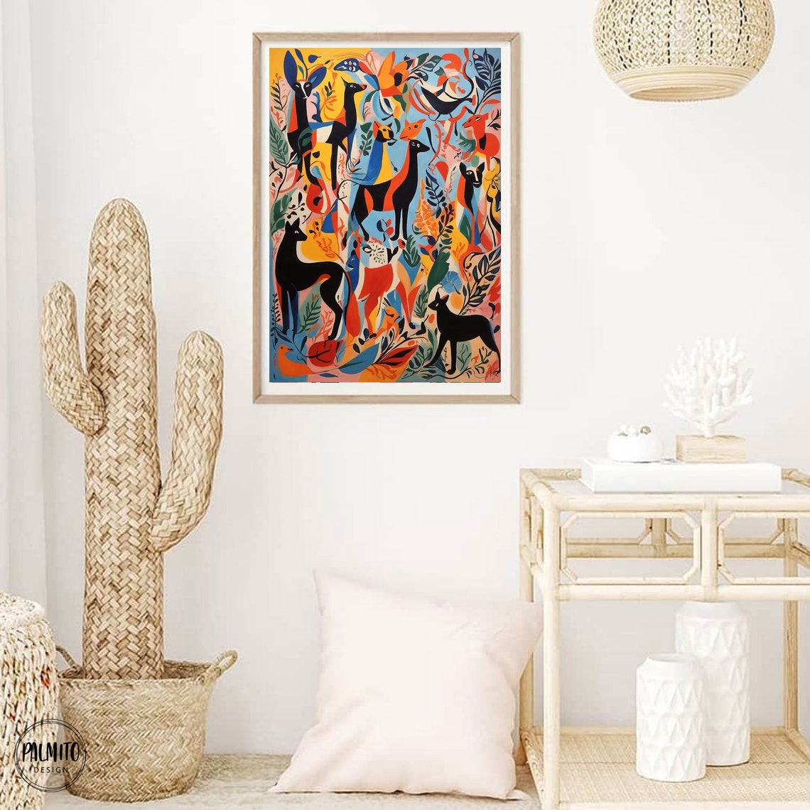 Eclectic Folk Art Deer Birds Colorful Wild Animal Collage Poster - Image 2