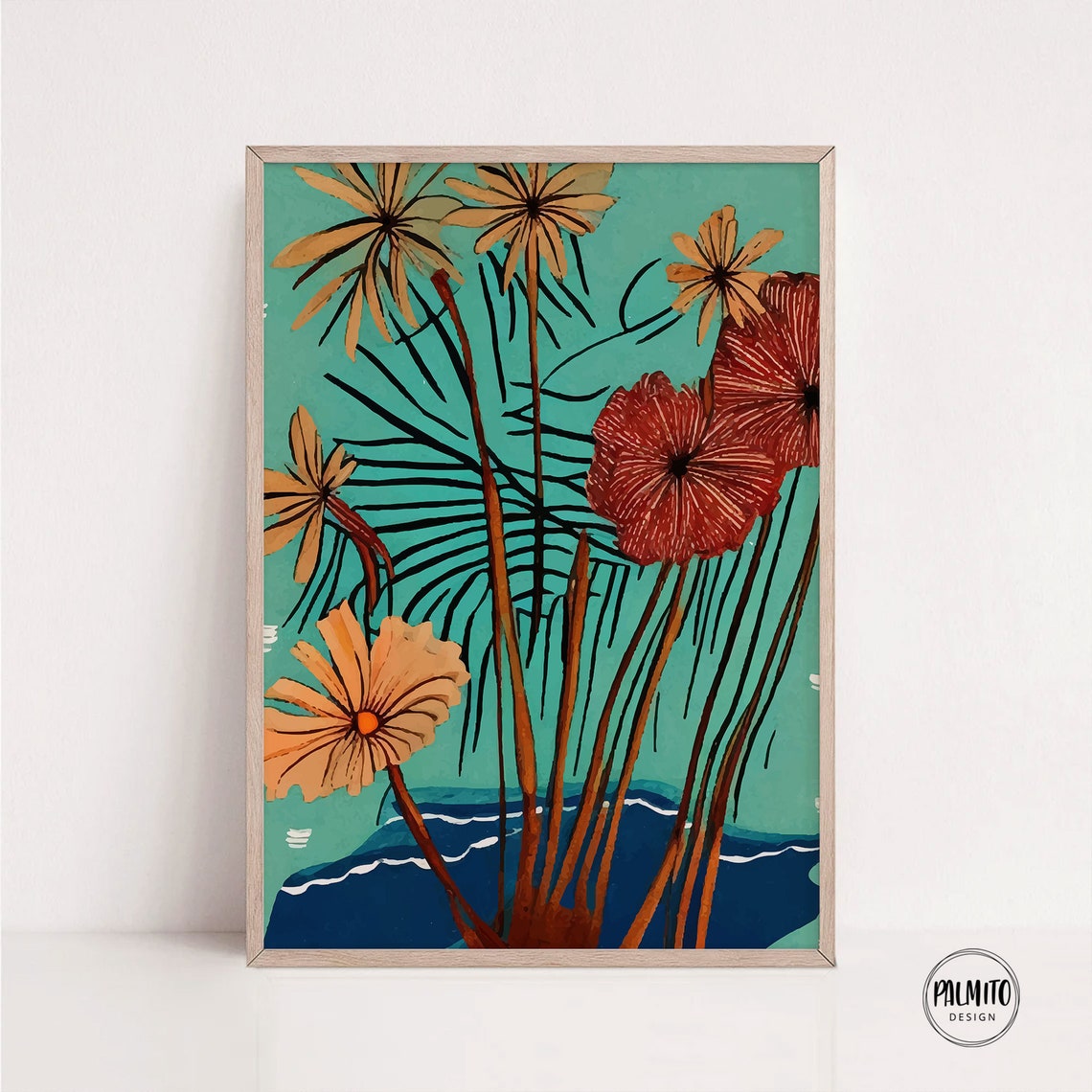 Colorful Abstract Tropical Flowers Teal Botanical Bloom Poster