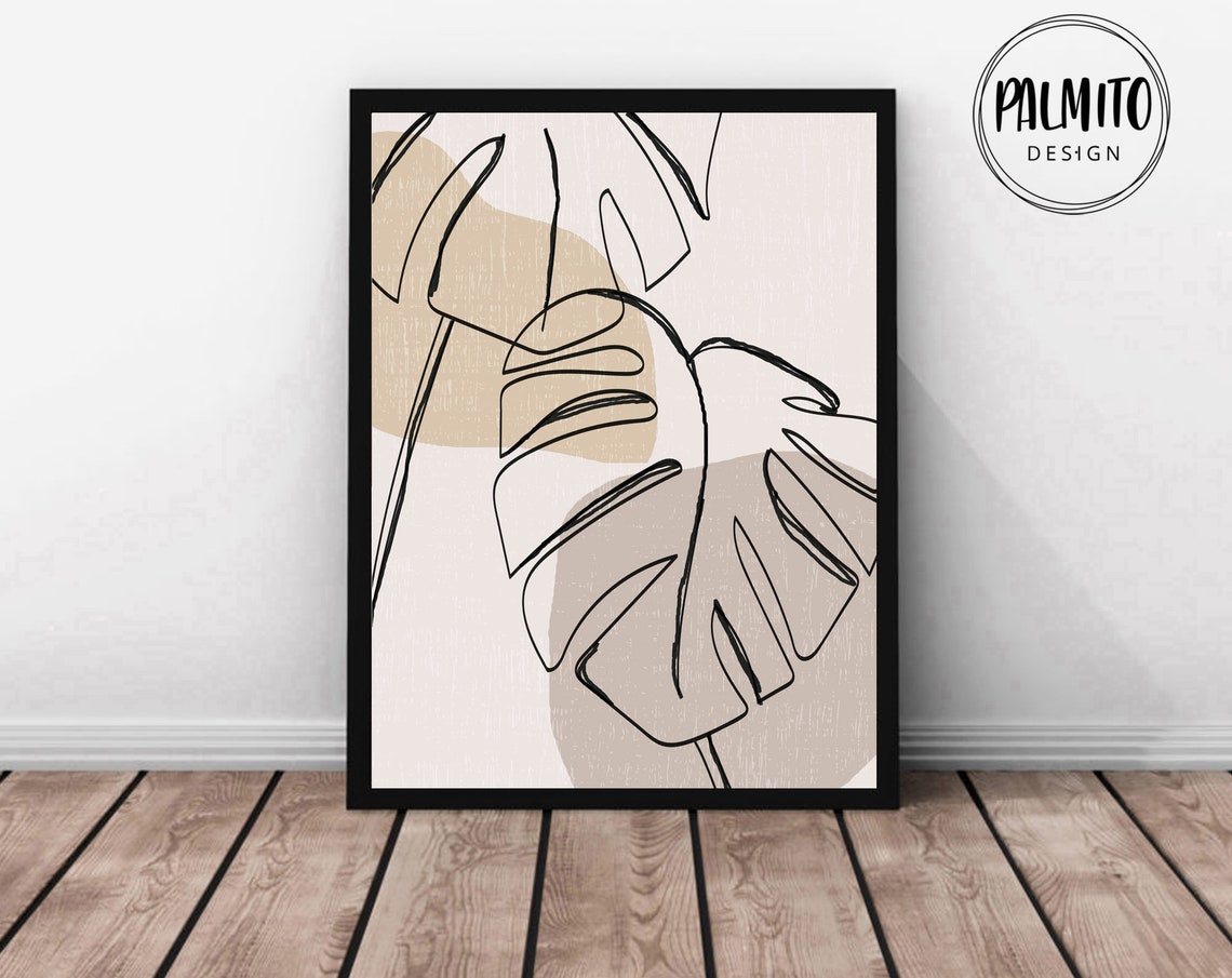 Monstera Leaf Line Drawing Beige Botanical Minimal Calm Poster - Image 3
