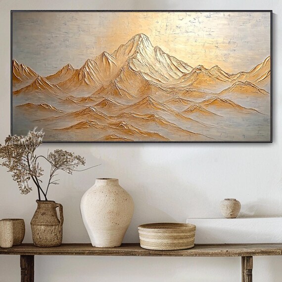 Golden Mountains Original Abstract Mountain Mural Thick Texture Knife Painting Living Room Decor Artwork Sunrise Scenery Minimalist Wall Art