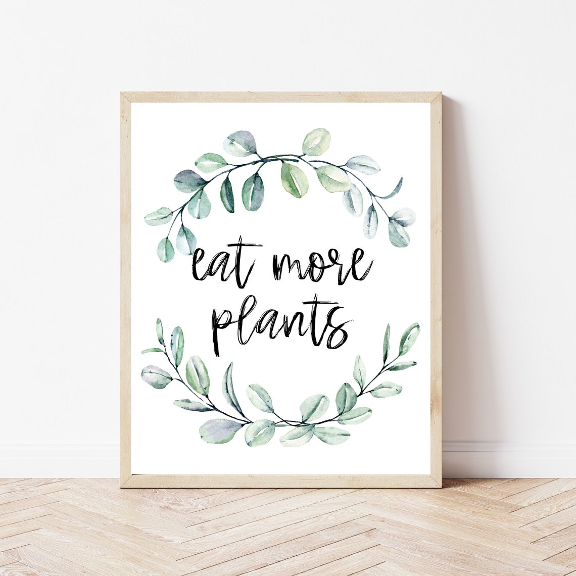 Eat More Plants Botanical Wreath Vegan Kitchen Decor Quote Poster