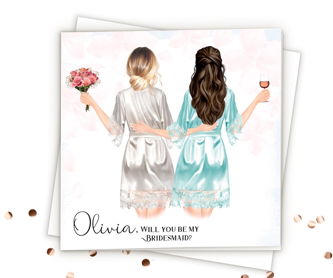 Olivia Will You Be My Bridesmaid Silk Robe Bouquet Wine Card Print