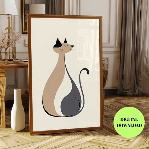 Mid Century Modern Stylized Sitting Cat Beige and Black Art Poster