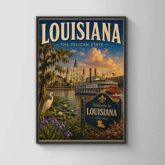 Louisiana Travel Poster New Orleans Vintage Wall Art Pelican State Retro Print