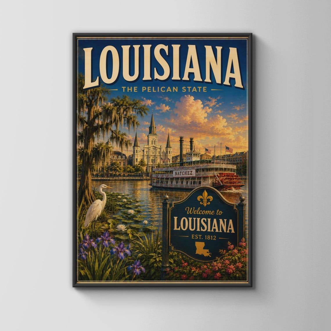 Louisiana The Pelican State Vintage Sunset Bayou Riverboat Poster
