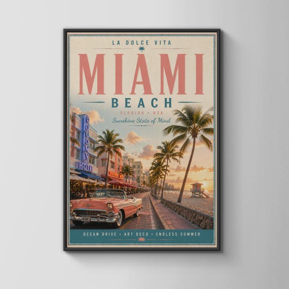 Miami Beach Art Deco Print Ocean Drive Vintage Poster Florida Wall Endless Summer Decor