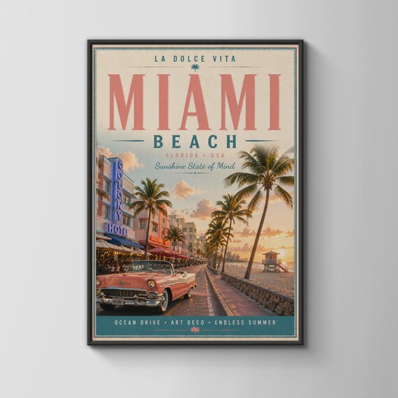 Miami Beach Florida Art Deco Ocean Drive Vintage Travel Poster