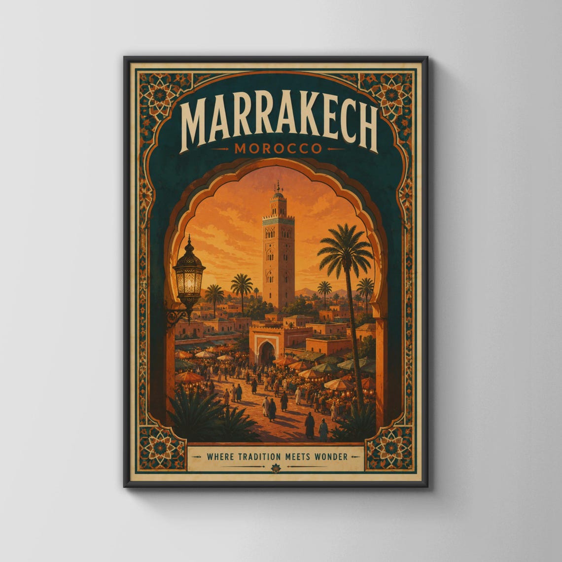 Marrakech Morocco Vintage Travel Poster Koutoubia Mosque Sunset Art