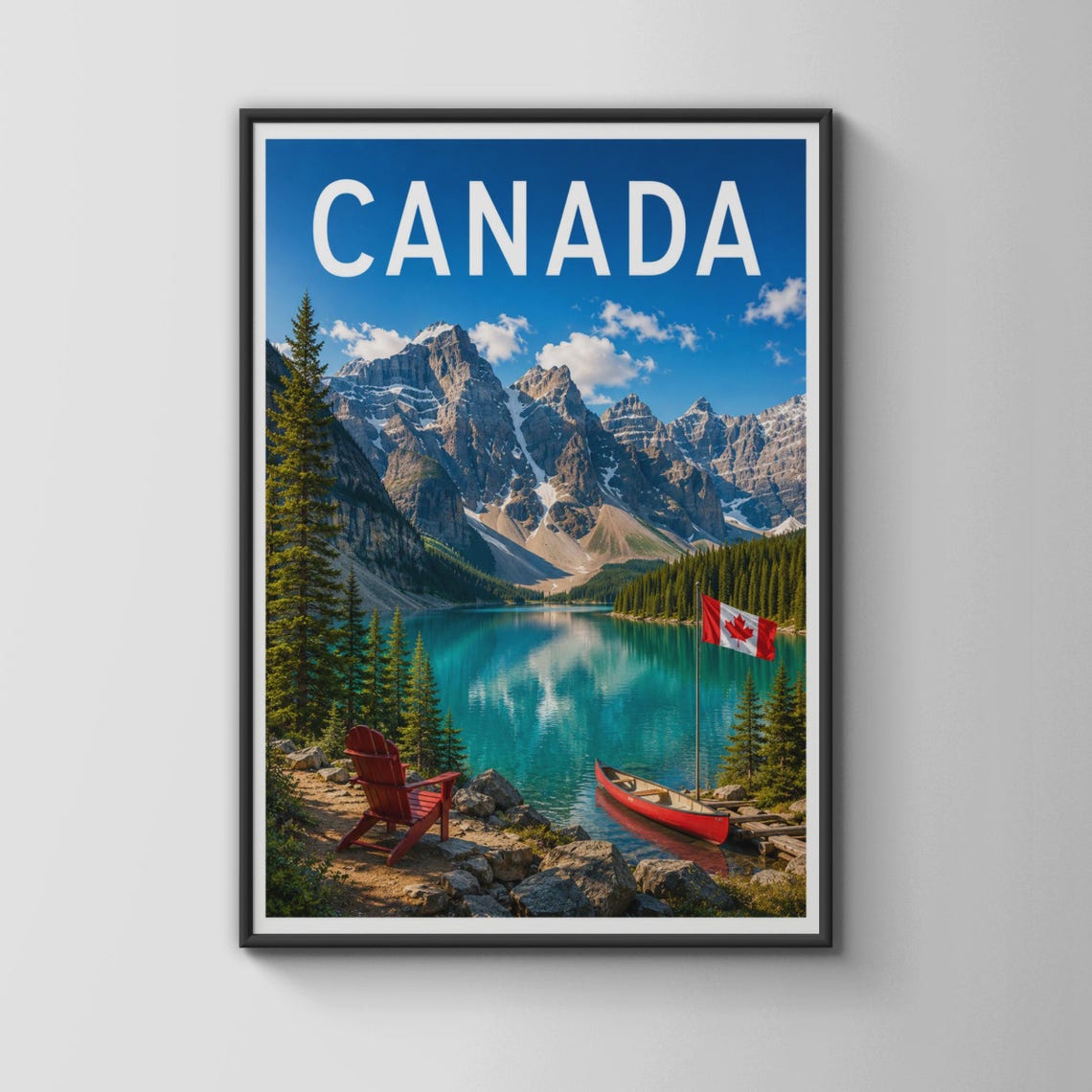 Canada Rocky Mountains Turquoise Lake Travel Poster With Canoe