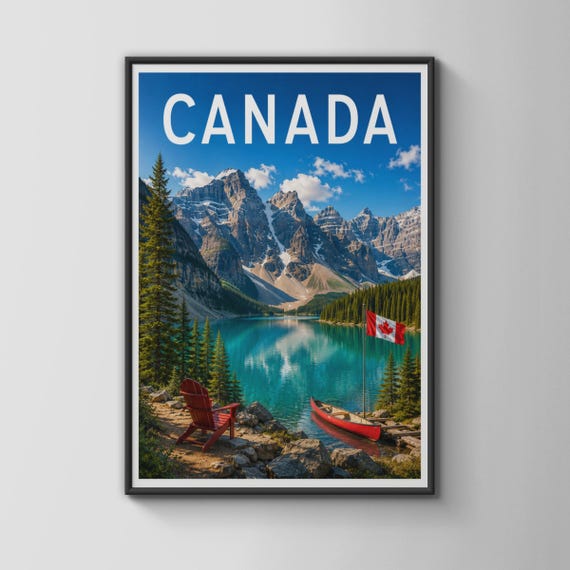 Canada Travel Poster Rocky Mountains Lake Print Banff Wall Art Turquoise Decor